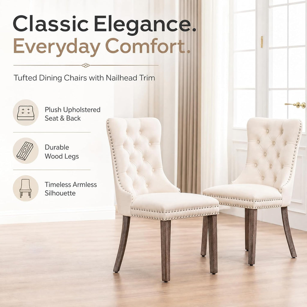 Velvet Dining Chairs Set of 4, Upholstered Dining Room Chairs with Ring Pull Trim and Button Back, Luxury Tufted Dining Chair for Living Room, Bedroom, Kitchen (Beige)