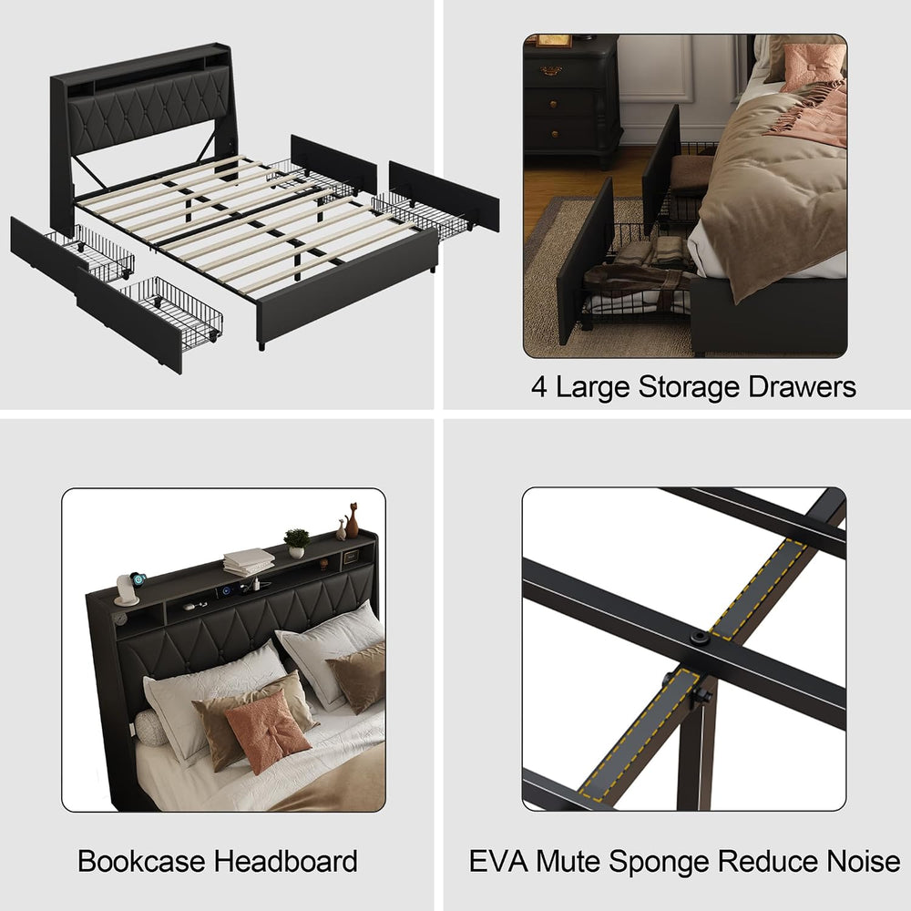 Peanu Queen Bed Frame, Ergonomic Headboard, Built in Charger Black