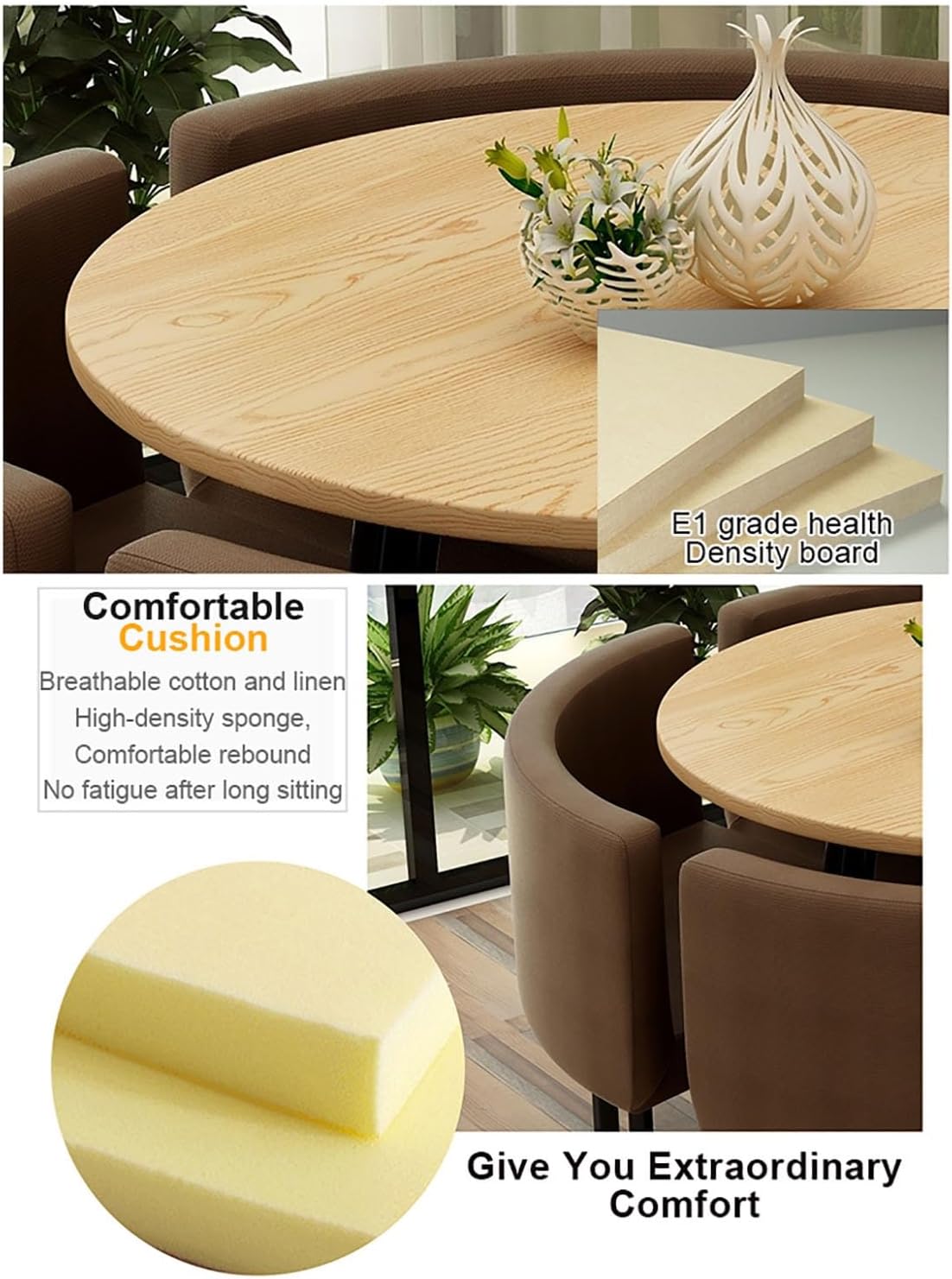 Cotton and Linen Table and Chair Set,Round Kitchen Dining Table Set for 4,Office Negotiation Table and Chair Combination,with 1 Table and 4 Chairs,for Balcony Living Room Dining.