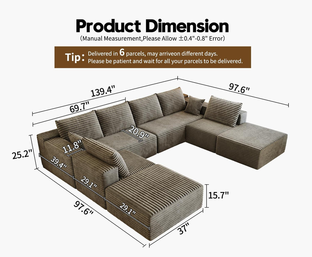 139.4" Modular Sectional Sofa Couch, Oversized U-Shaped Minimalist Couches with 2 Ottomans Chaise and 2 Middle Seats, Modern Deep Seat Cloud Plush Corduroy Sofas Set for Living Room, 8 Seater, Camel