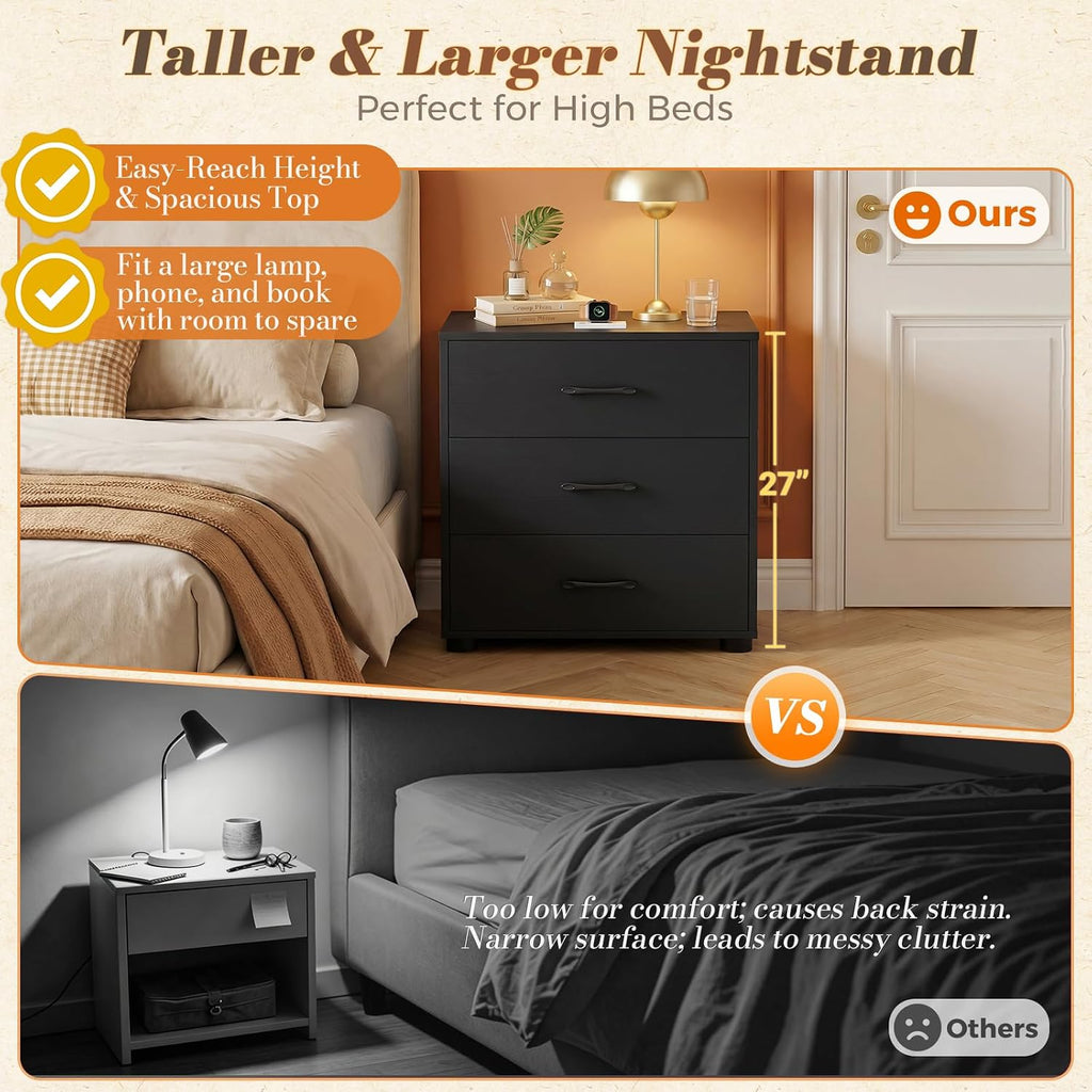 Aheaplus Night Stand Set of 2 with Charger Station, 21.7'' Wider Nightstands with 3 Wooden Drawers, Large Tall Bedside Table, Modern End Side Table Set, Nightstand for Bedroom, Black