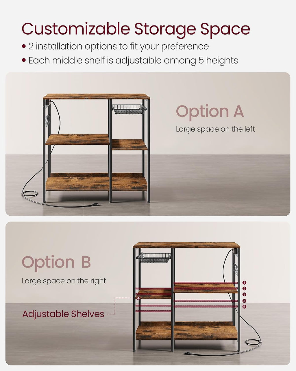 VASAGLE Baker's Rack, Coffee Bar Stand with Charging Station, 35.6 Inches Tall, Storage Shelves, Pull-Out Wire Basket, Table for Microwave, Kitchen, Rustic Brown and Ink Black UKKS036K01