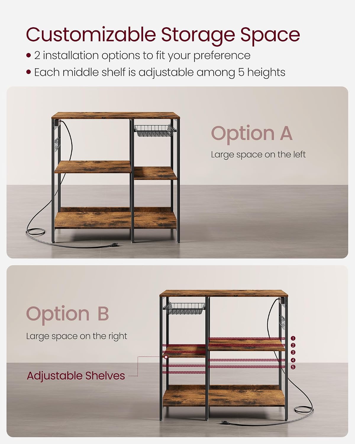 VASAGLE Baker's Rack, Coffee Bar Stand with Charging Station, 35.6 Inches Tall, Storage Shelves, Pull-Out Wire Basket, Table for Microwave, Kitchen, Rustic Brown and Ink Black UKKS036K01