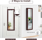 COSTWAY Full Length Mirror Jewelry Cabinet, Wall Door Mounted Jewelry Organizer with Makeup Mirror, Ring Slots and Necklace Hooks, Large Storage Jewelry Armoire for Bedroom, Dressing Room (Brown)