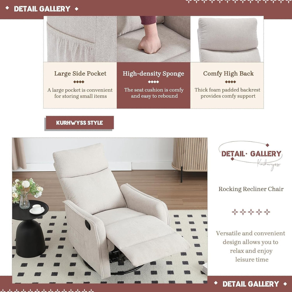 360 Swivel Rocker Recliner Chair for Adults with Heat Massage Function Adjustable Backrest Footrest Glider Reclining Chair for Bedroom Living Room Office