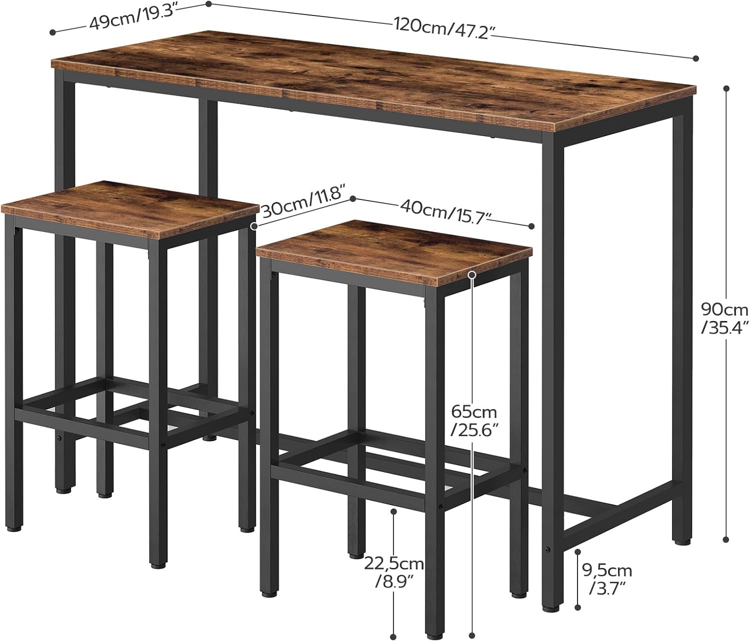 HOOBRO Bar Table and Chairs Set, 47.2” Rectangular Pub Table with 2 Stools for Small Space, 3-Piece Breakfast stools Set, Sturdy Metal Frame, Easy to Assemble, Rustic Brown BF52BT01