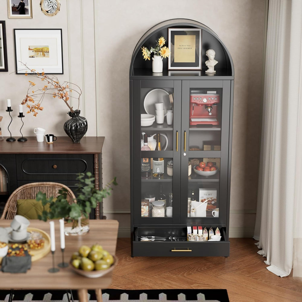 72.83" H Black Metal Arched Cabinet with 1 Drawer,Arched Cabinet with Gl...