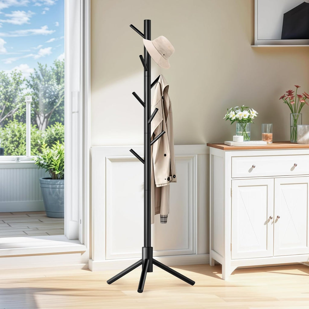Wooden Coat Rack Freestanding with 8 Hooks,Easy Assembly New Zealand Pine Tree Coat Racks, 3 Adjustable Sizes for Clothes, Hats, Bags, for Entryway, Hallway, Bedroom, Office (Black, 1 PC)