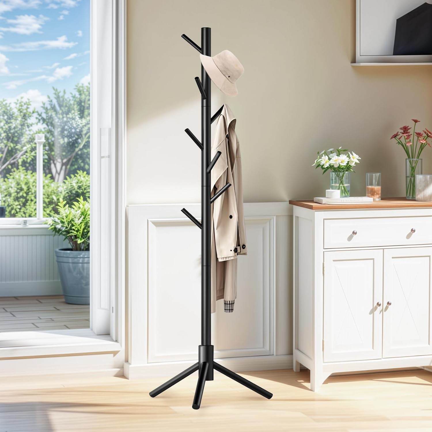 Wooden Coat Rack Freestanding with 8 Hooks,Easy Assembly New Zealand Pine Tree Coat Racks, 3 Adjustable Sizes for Clothes, Hats, Bags, for Entryway, Hallway, Bedroom, Office (Black, 1 PC)