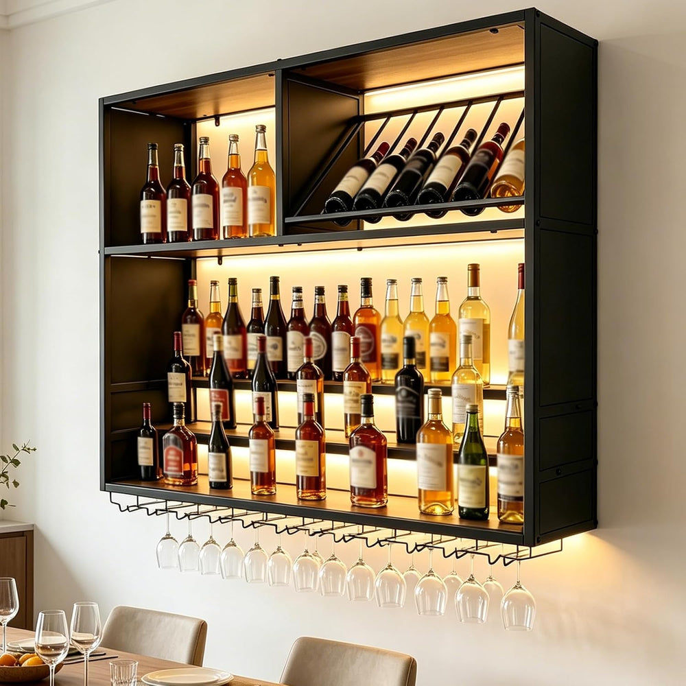 63in Large Wall Mounted Wine Rack with LED Lights, Metal & Wood Floating ...