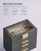 SONGMICS Jewelry Box Organizer with Glass Lid, 4-Layer Jewelry Storage, with 3 Drawers, Modern Style, Christmas Gift, 6 x 9.9 x 8.5 Inches, Gray and Gold Color UJBC161C01