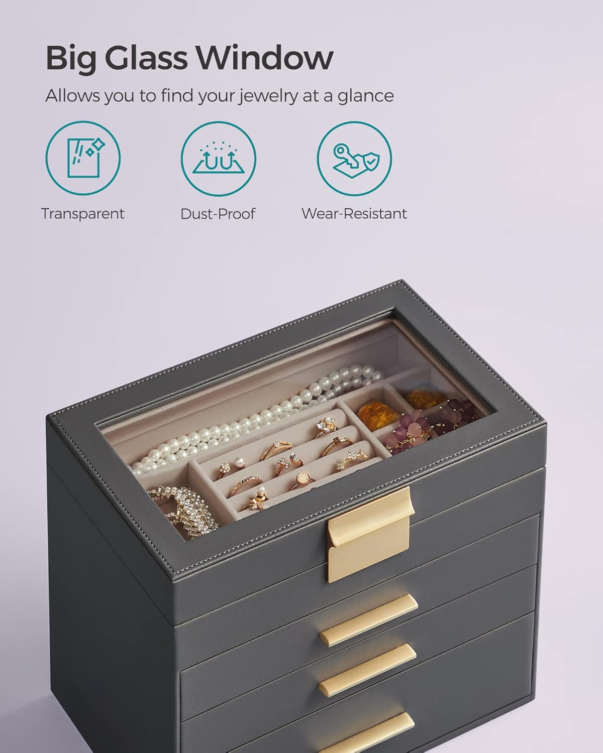 SONGMICS Jewelry Box Organizer with Glass Lid, 4-Layer Jewelry Storage, with 3 Drawers, Modern Style, Christmas Gift, 6 x 9.9 x 8.5 Inches, Gray and Gold Color UJBC161C01