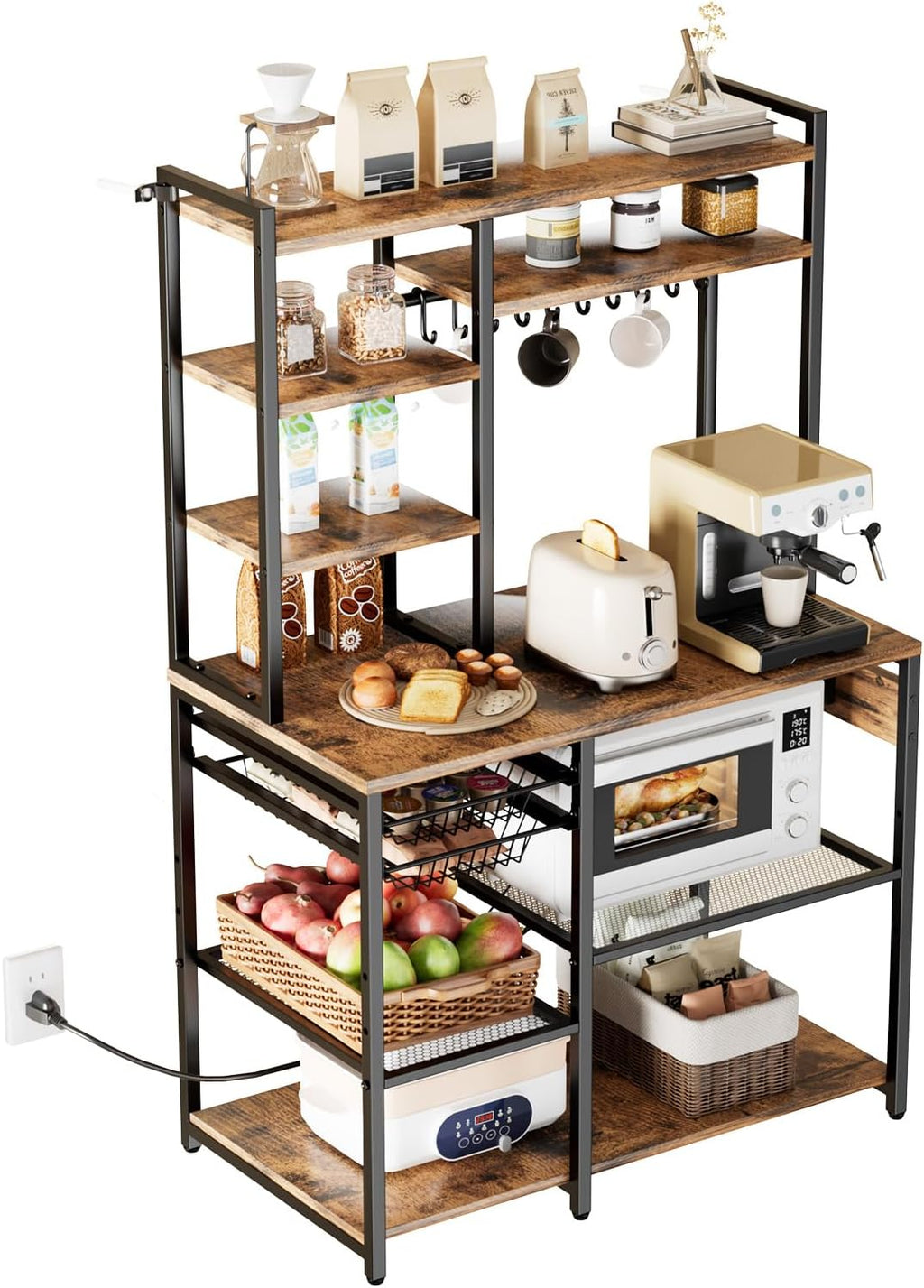 VEVOR Kitchen Bakers Rack with Power Outlets, 35.4x15.7x70.9 Inch Microwave Stand with Built-in Power Strip & 5 Ft Cord, 10 S-Shaped Hooks, for Dish Storage, Spice Jars, Coffee Bar Organization