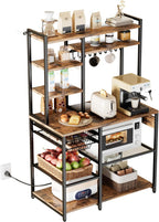 VEVOR Kitchen Bakers Rack with Power Outlets, 35.4x15.7x70.9 Inch Microwave Stand with Built-in Power Strip & 5 Ft Cord, 10 S-Shaped Hooks, for Dish Storage, Spice Jars, Coffee Bar Organization