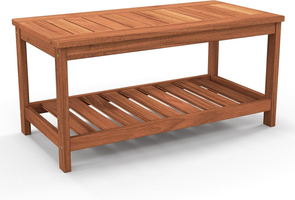Tangkula Wood Outdoor Coffee Table, 2-Tier Patio Coffee Table with Slatted Hardwood Tabletop & Storage Shelf, Rectangle Wood Table for Deck, Garden, Balcony, Indoor or Outdoor Use (Natural)