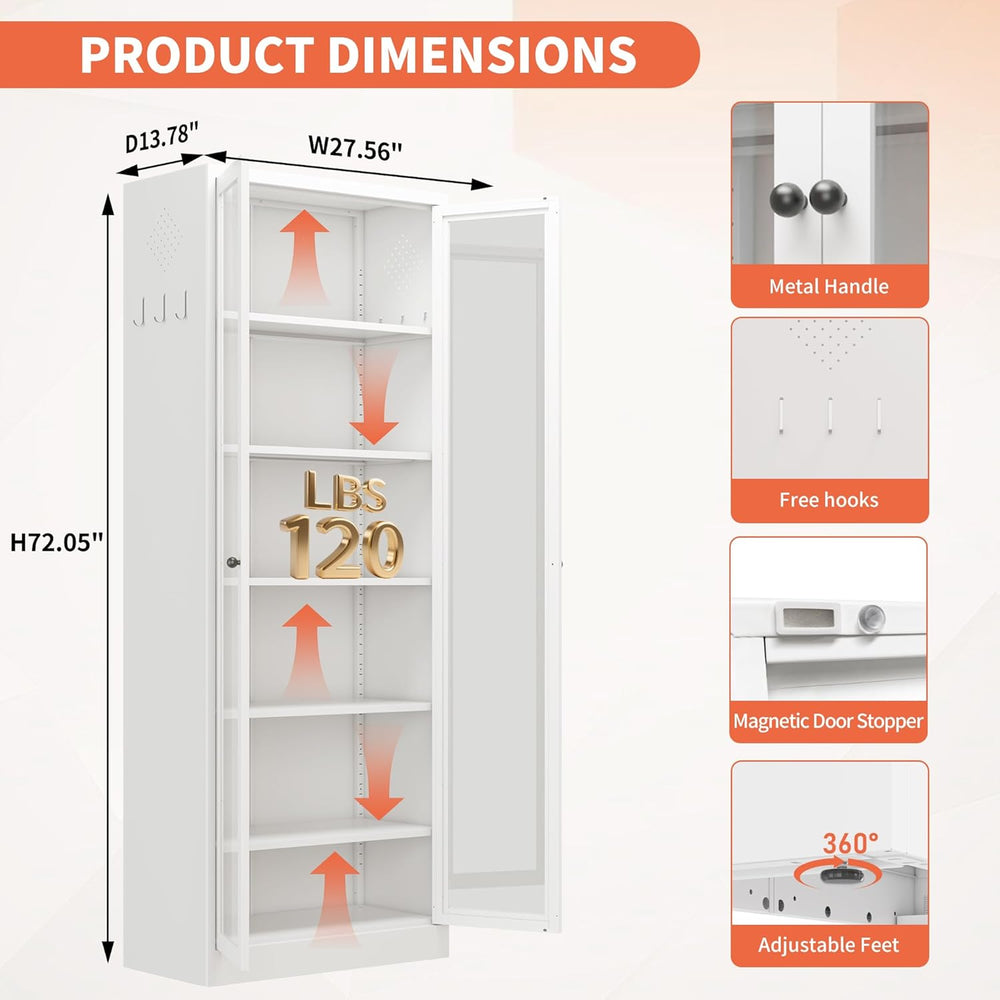 IKIMI 72" Metal Storage Cabinets with Glass Doors and 5 Shelves,White Ki...