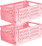 Tixill 2-Pack Mini Foldable Plastic Storage Box Mini Plastic Baskets for Organizing and Storage for Home Kitchen Bedroom Bathroom Office (16x11x6, Pink)