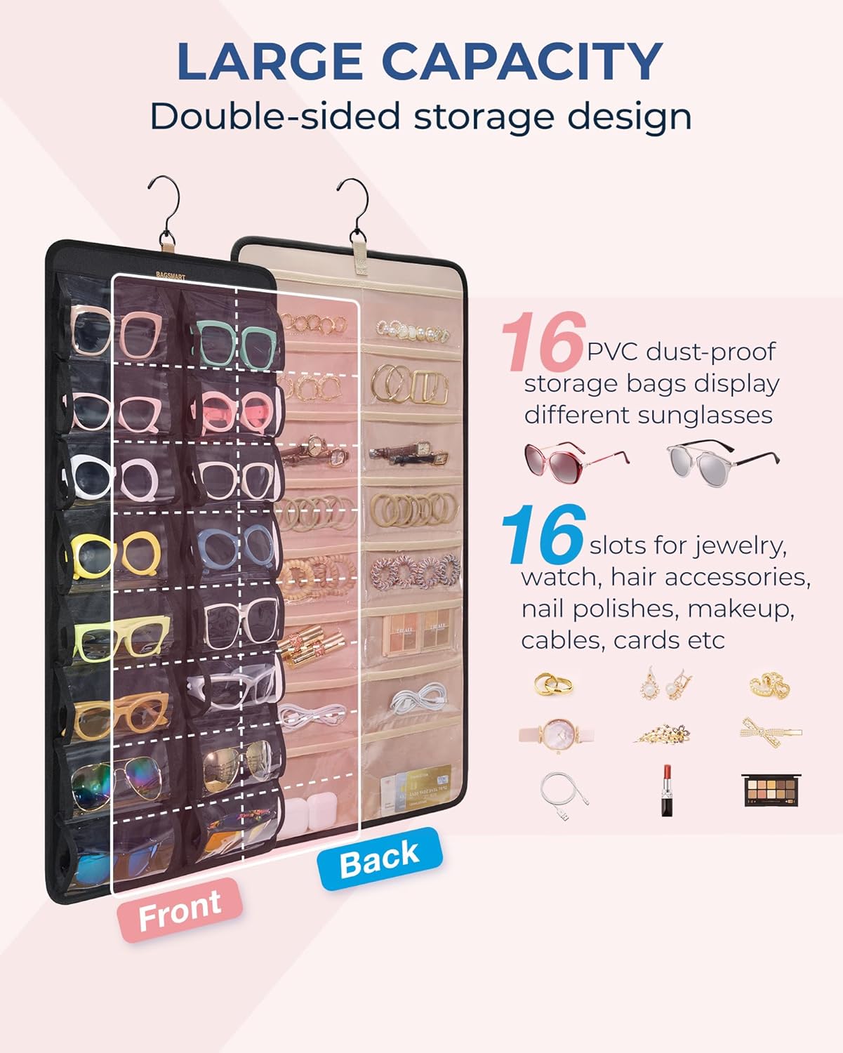 BAGSMART Hanging Jewelry Organizer, Dust Proof Sunglasses Storage Case Wall Mounted, Travel Dual Sided Glasses Case Multiple Pairs, Eyeglasses Holder with 32 Clear Slots & Metal Hook, Black