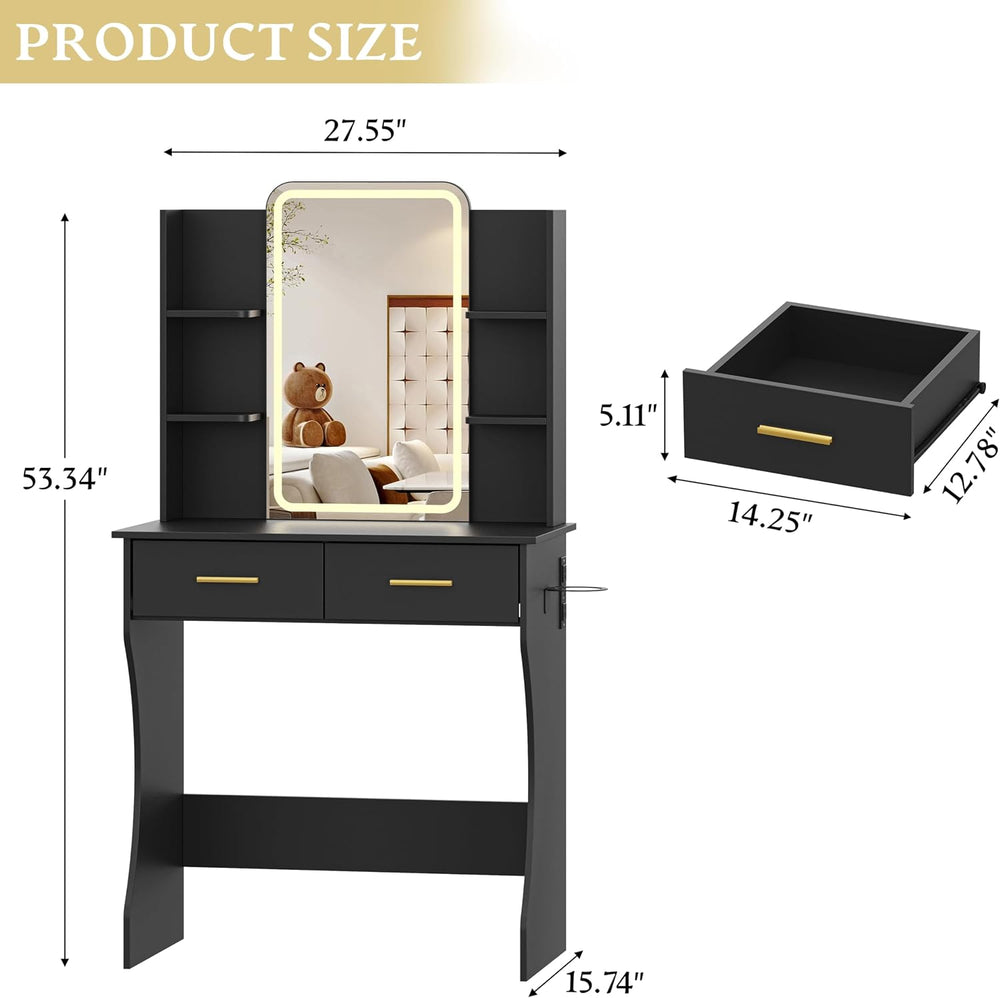Xixini Vanity Desk with LED Lights Mirror & Power Outlet, Small Makeup Va...