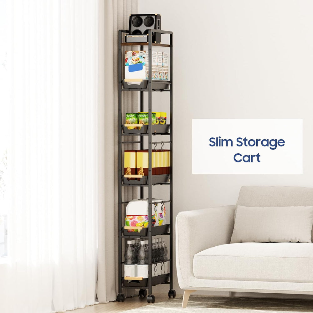 6 Tier Slim Storage Cart with Pull-Out Baskets Rolling Cart with Wheels Wood ...