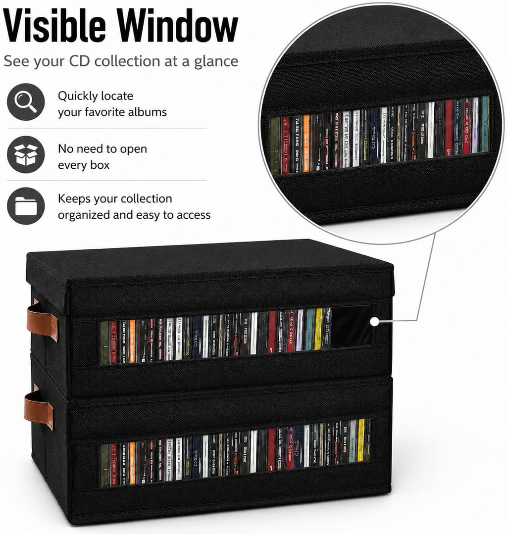 4 Packs CD Storage Box with Visible Window, Stackable CD Case Holder with Dustproof Lid and Handles, Holds Up to 148 CDs in Full Jewel Cases-15.75 x 6.10 x 5.31 Inches-Black