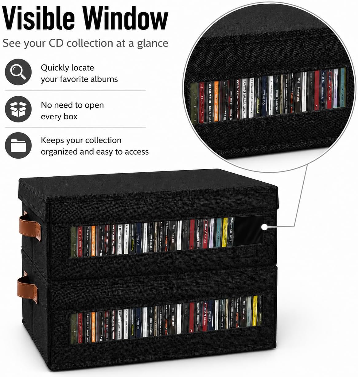 4 Packs CD Storage Box with Visible Window, Stackable CD Case Holder with Dustproof Lid and Handles, Holds Up to 148 CDs in Full Jewel Cases-15.75 x 6.10 x 5.31 Inches-Black
