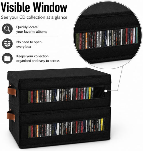 4 Packs CD Storage Box with Visible Window, Stackable CD Case Holder with Dustproof Lid and Handles, Holds Up to 148 CDs in Full Jewel Cases-15.75 x 6.10 x 5.31 Inches-Black