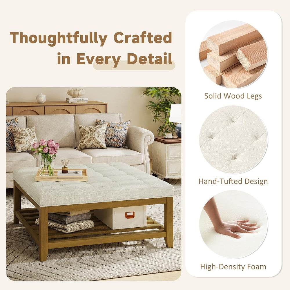 Befurtori Ottoman with Storage Bench, Linen Ottoman Coffee Table, Ivory | Sol...