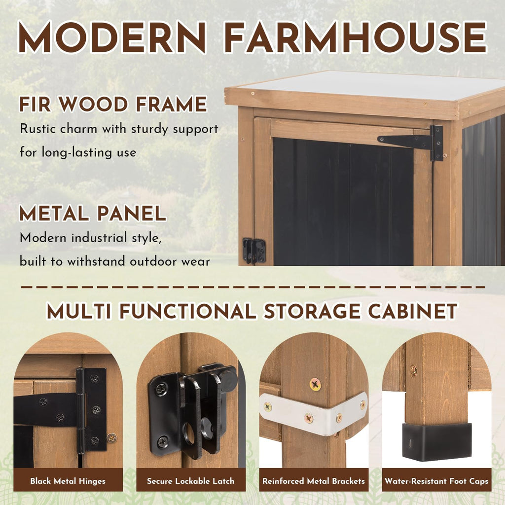 Outdoor Storage Cabinet with Metal Worktop, Fir Wood Frame & Adjustable Shelf, Weather-Resistant Garden Tool Organizer for Patio, Porch, Balcony, or Garage (18" L x 18" W x 33.5" H)