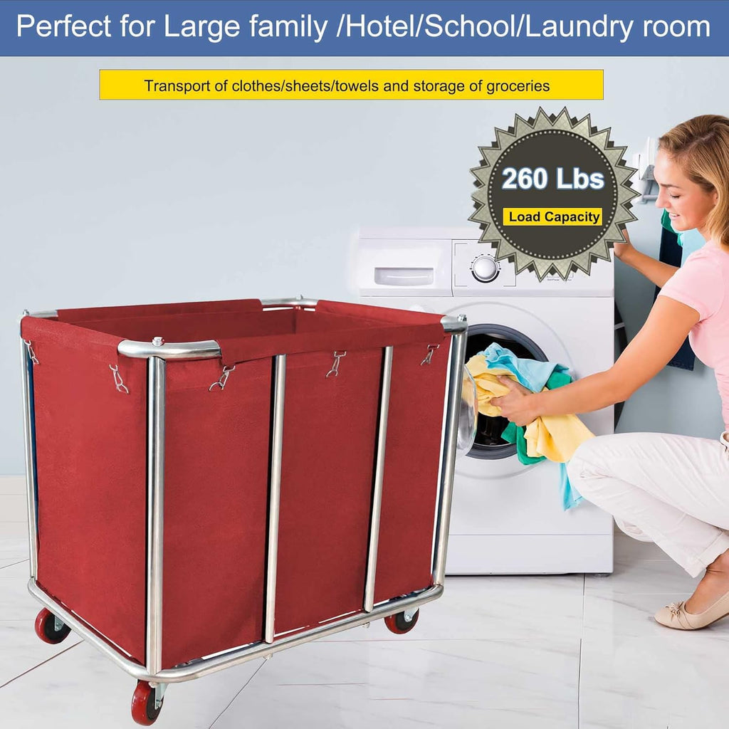 Commercial Laundry Cart With Wheels - 11.5 Bushel Heavy Duty Stainless Steel Hamper With Waterproof Lining - 260 Lbs Load Capacity