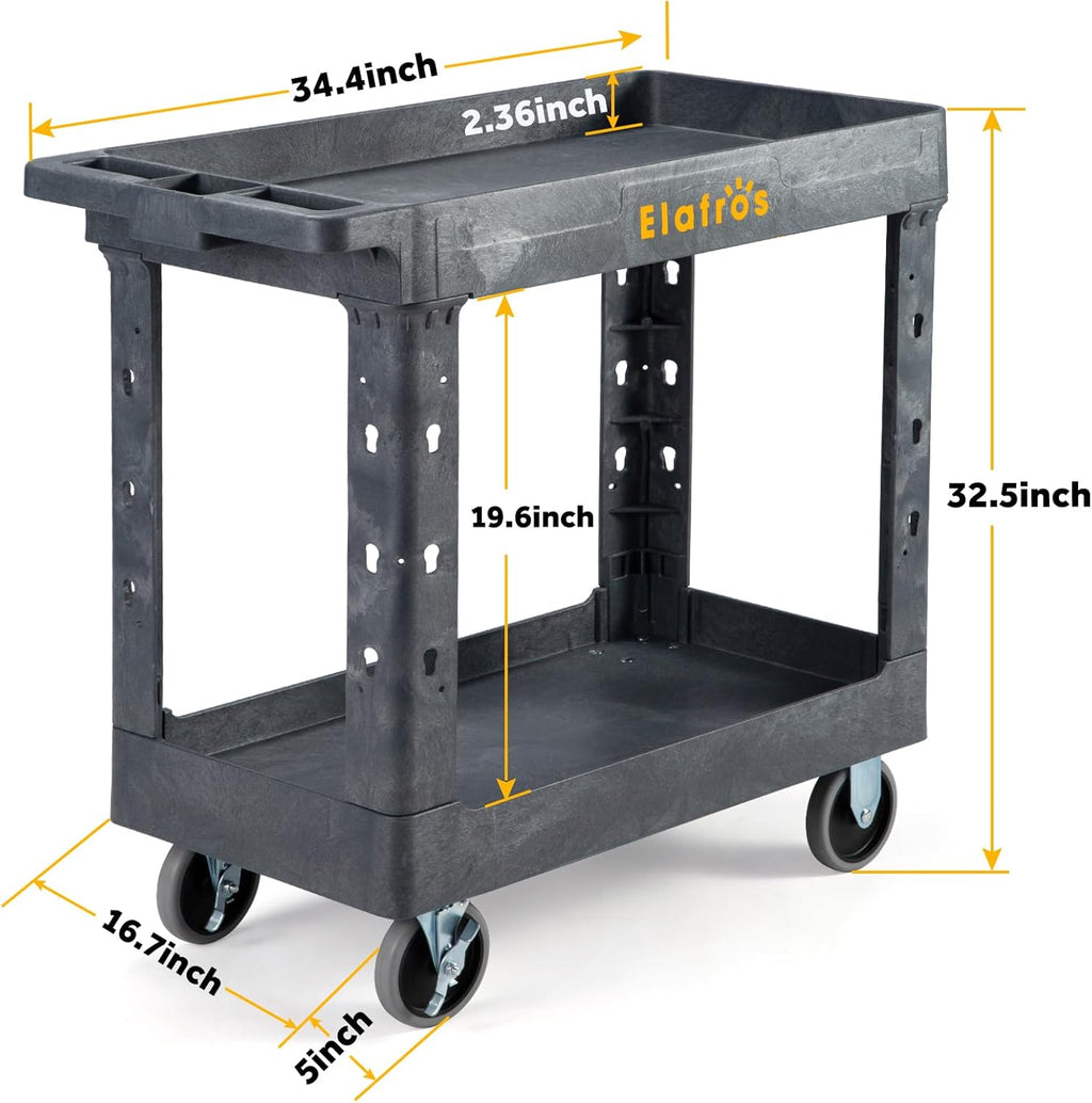 ELAFROS Heavy Duty Plastic Utility Cart 34 x 17 Inch - Work Cart Tub Storage W/Deep Shelves and 2 Fixed 2 Swivel Wheels Safely Holds up to 550 lbs - 2 Tier Service Cart for Warehouse,Garage, Gray