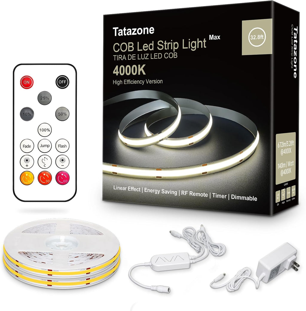 32.8ft 4000K White COB Led Strip Lights with Remote, Dimmable Bright Neutral White COB Light Strip, Indoor COB Led Lights for Kitchen, Room, Cabinet, 2 Rolls of 16.4ft