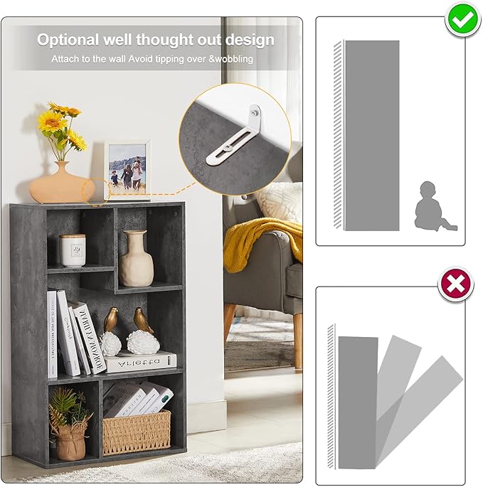 VECELO 5 Cube Modern Bookcases, 3 Tier Bookshelves, 31 Inch High Cubby Storage Organizer, Shelf Hight Up to 12.8 Inches Suit for Most Books, Vertical or Horizontal Use Available,Grey