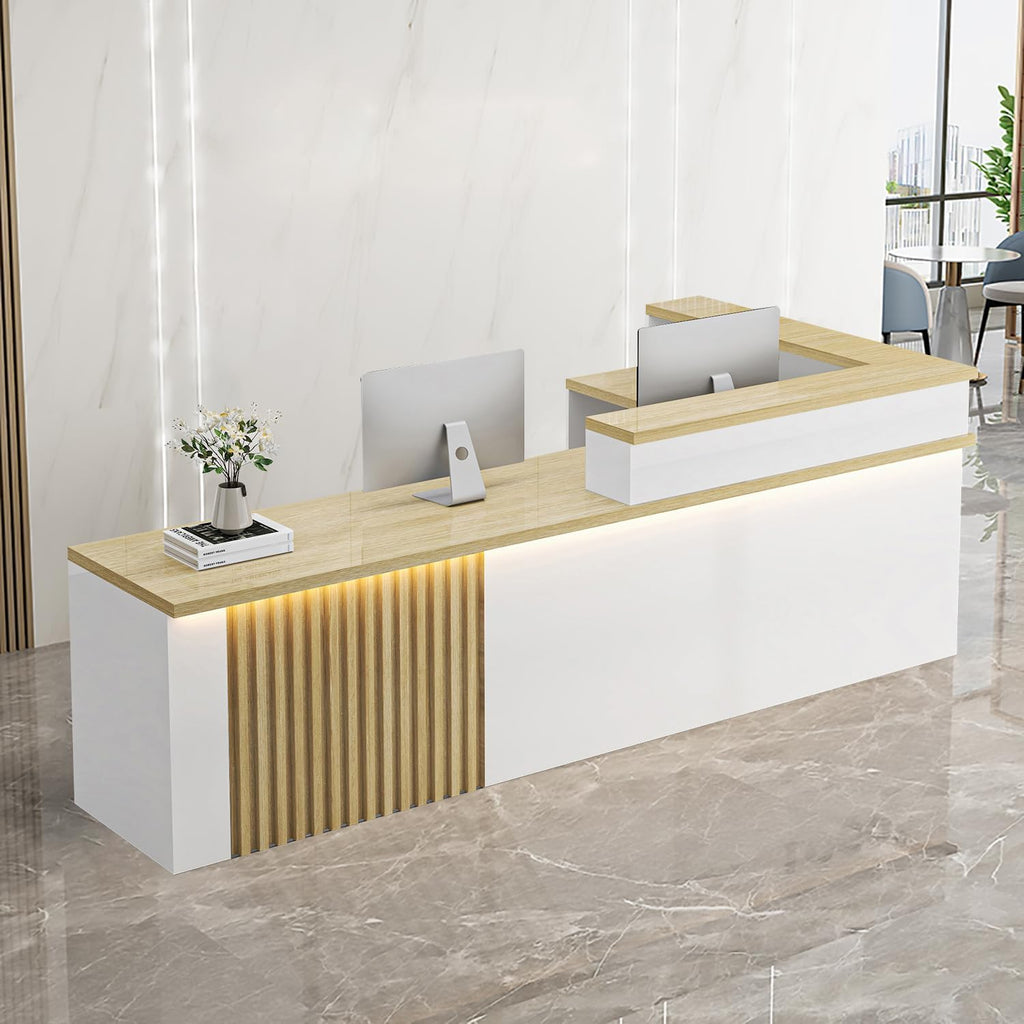 Receptionist Desk with LED Light，Wooden Salon Checkout Counter with Storage Drawer & Keyboard Tray Modern L-Shaped Reception Desk for Barbershop Office Company Store