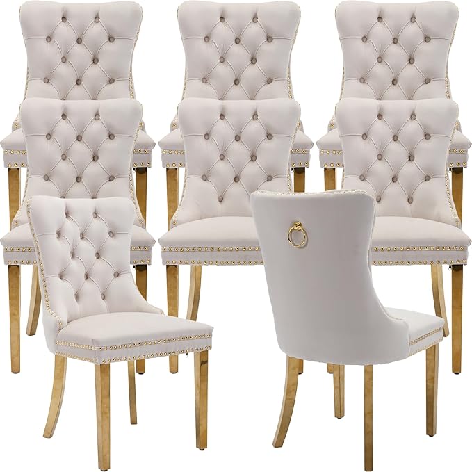 Mid Century Modern Dining Chairs Set of 8, Beige Velvet Upholstered Tufted Back, Kitchen & Dining Room Chairs, Gold Metal Legs, Nailhead Trim, Sillas para Comedor (Beige, 8 Pcs)