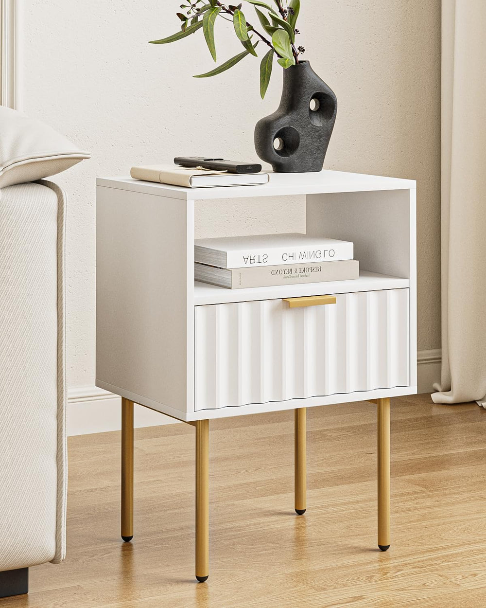 Night Stand,Modern Bedside Table with Drawer and Shelf,White Night Stand with...