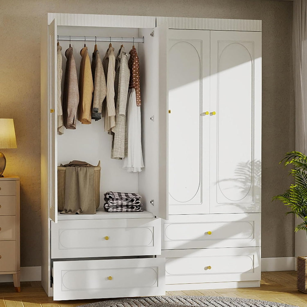 Armoire Wardrobe Closet with Drawers: 74" White Wardrobe Closet with 6 Doors, Large Armoire with 6 Drawers, Hanging Rod, Wood Closets for Bedroom