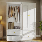 Armoire Wardrobe Closet with Drawers: 74" White Wardrobe Closet with 6 Doors, Large Armoire with 6 Drawers, Hanging Rod, Wood Closets for Bedroom