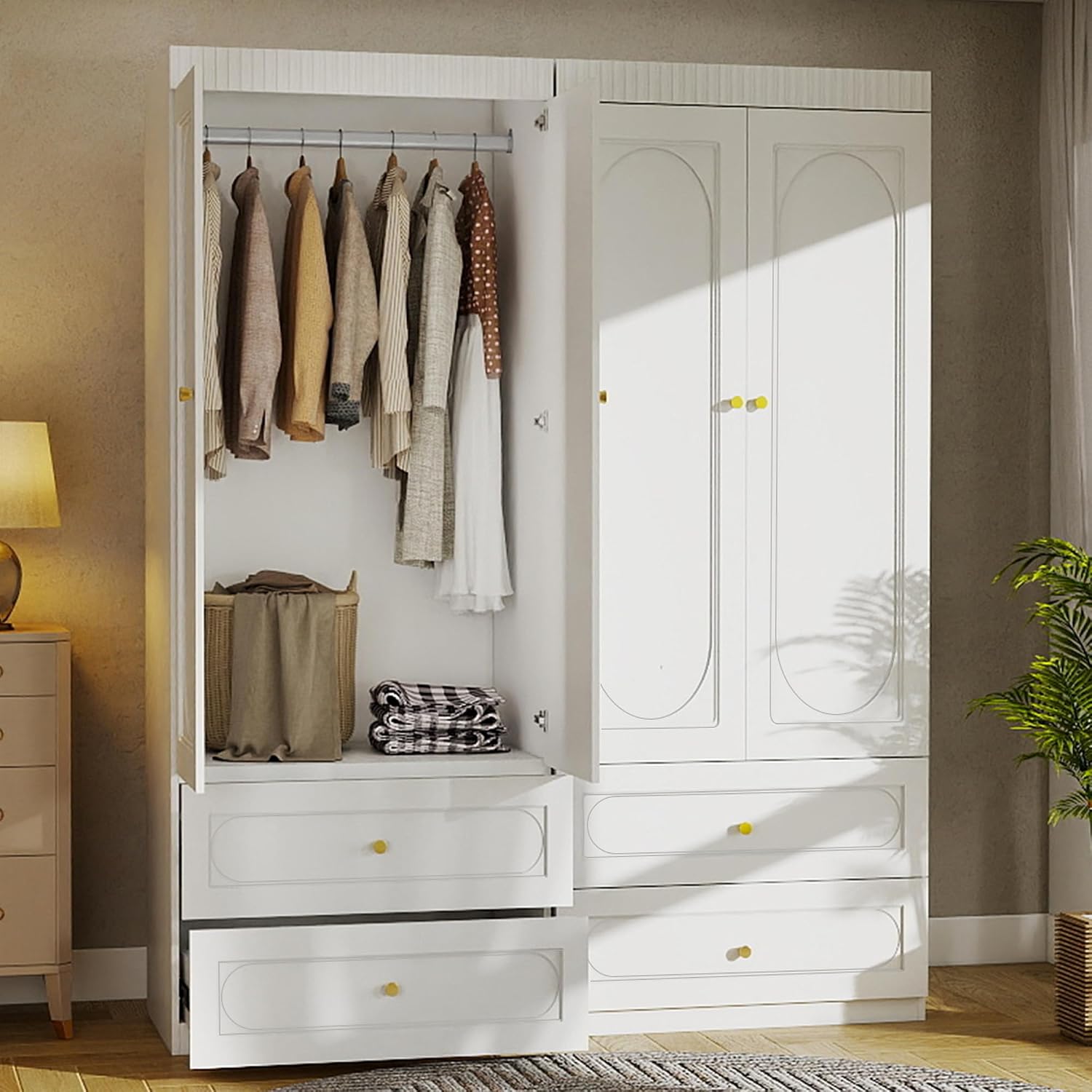Armoire Wardrobe Closet with Drawers: 74" White Wardrobe Closet with 6 Doors, Large Armoire with 6 Drawers, Hanging Rod, Wood Closets for Bedroom