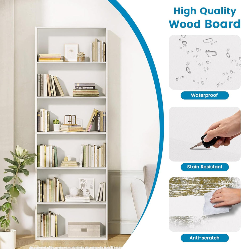 GRUSIGN 71" Tall 6-Tier Bookshelf, Large Open Display Bookcase with Ample Storage, Floor Standing Book Shelf for Living Room, Home Office, Bed Room, White
