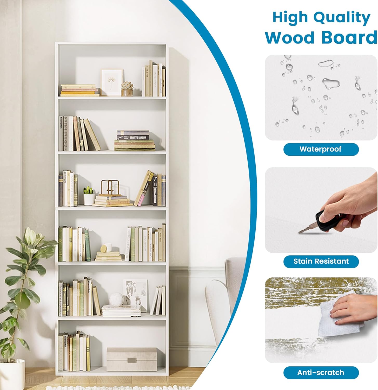 GRUSIGN 71" Tall 6-Tier Bookshelf, Large Open Display Bookcase with Ample Storage, Floor Standing Book Shelf for Living Room, Home Office, Bed Room, White