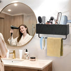 Hair Tool Organizer Wall Mounted with Towel Bar, Wood Hair Dryer and Styling Holder for Bathroom, Vanity Caddy Storage Stand for Storage Bathroom Accessories, Flat Iron, Blow Dryer, Brushes(Black)