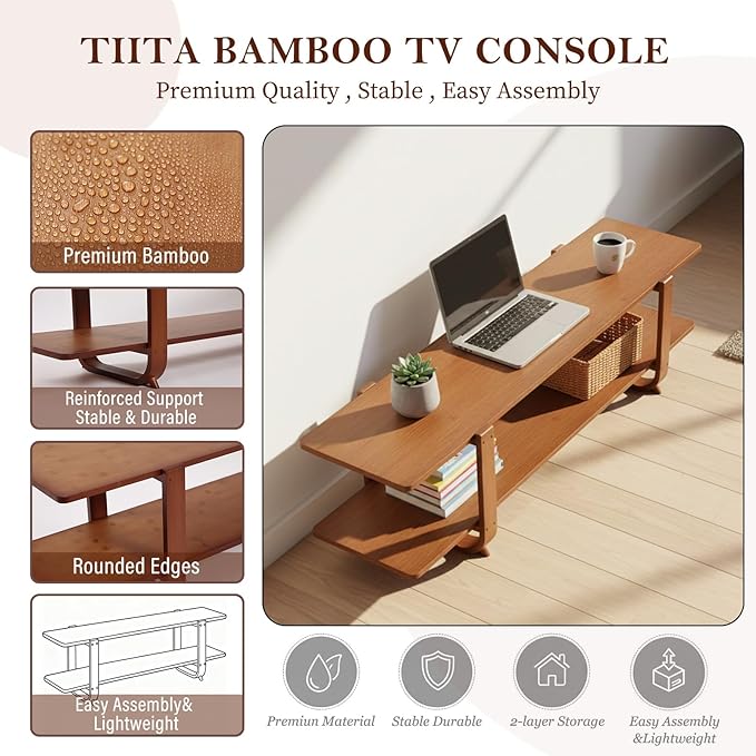 Tiita TV Stand with Storage for TVs up to 65'', Bamboo TV Console Ent...