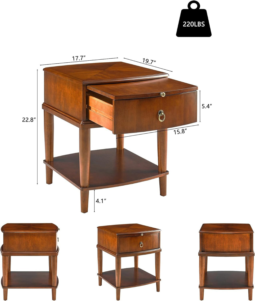 2 Tier Solid Wood Square End Table with Drawer, Wooden Sofa Side Table with P...
