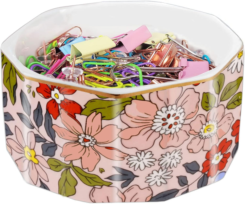Ceramic Paper Clip Holder Gold Line Paper Clip Dispenser Organizer for Desk Cute Floral Pattern Office Binder Clip Holder Bobby Pin and Hair Clip Holder Gift for Office Pink Flowers