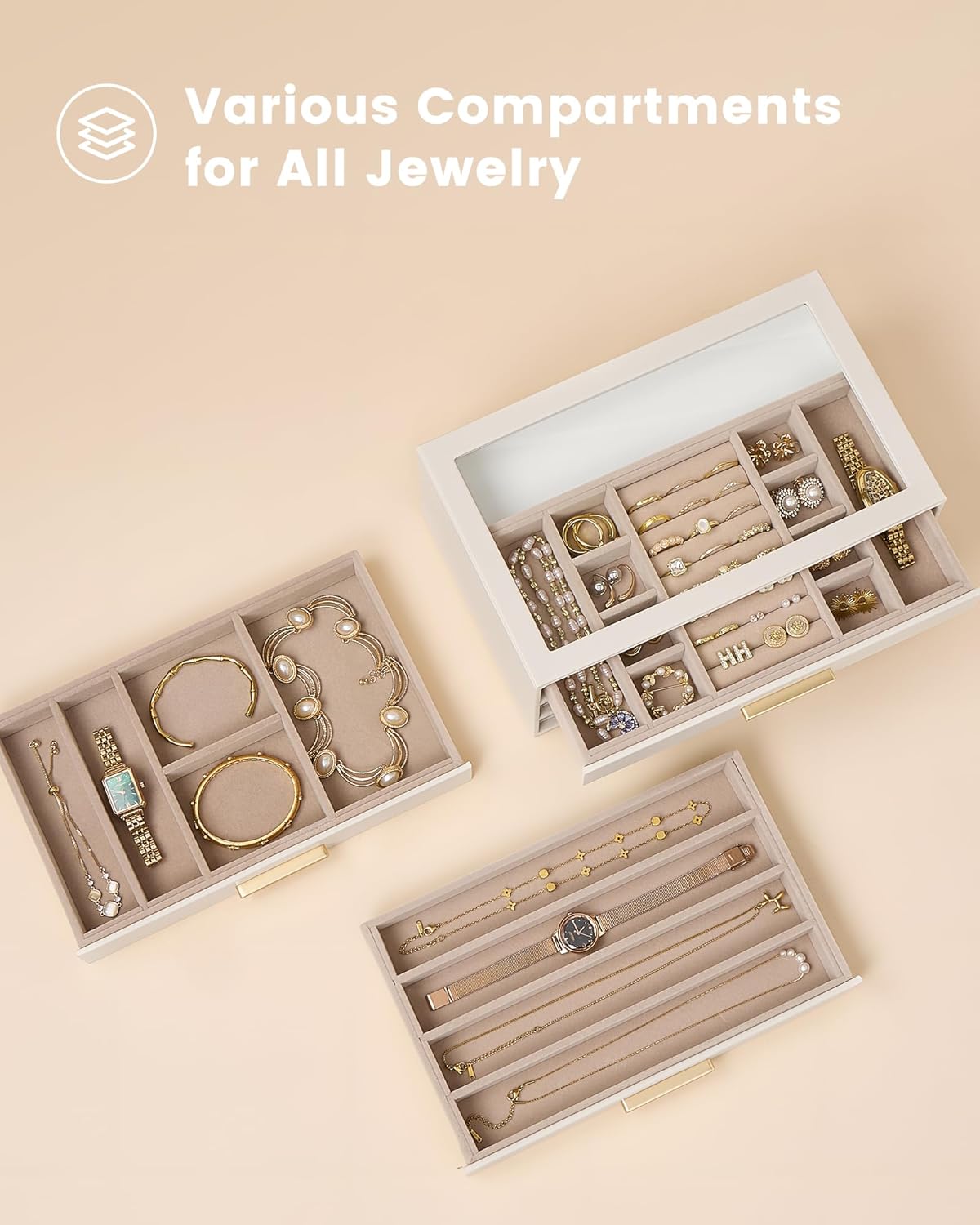 Lolalet Jewelry Box Organizer, 3-Layer Jewelry Organizers and Storage Case with Glass Lid, Ring Earring Bracelet Necklace Holder Organizer, Birthday Christmas Gifts for Women Girls -3Layer, Beige