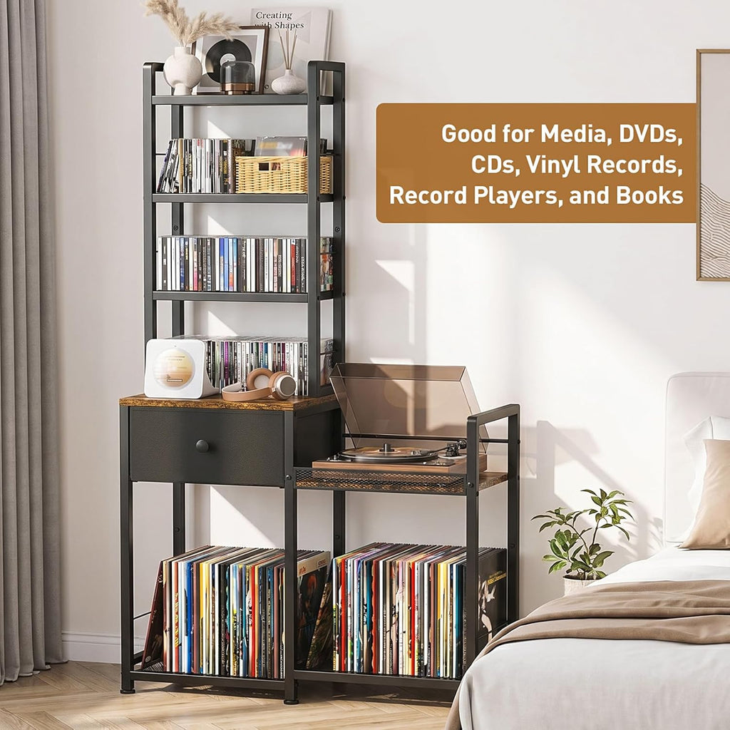ikkle CD Rack with Drawer, 7-Tier DVD Organizer Shelf with Vinyl Storage | Media Storage Rack for CDs/DVDs, Vinyl Records, Books & Games, Ideal for Living Room & Home Office, 32.1x11.8x57.2 in, Brown