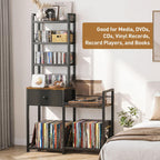ikkle CD Rack with Drawer, 7-Tier DVD Organizer Shelf with Vinyl Storage | Media Storage Rack for CDs/DVDs, Vinyl Records, Books & Games, Ideal for Living Room & Home Office, 32.1x11.8x57.2 in, Brown