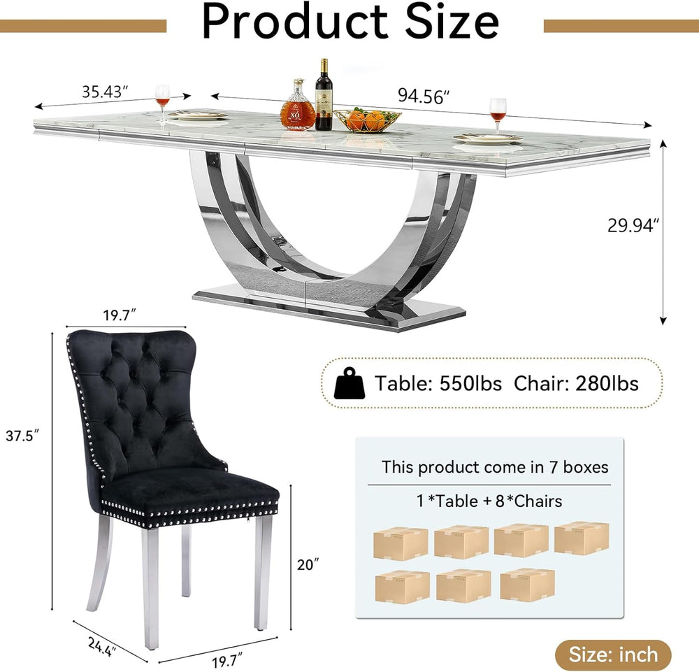 94.5" Large Faux Marble Dining Table Set for 8, Luxury Kitchen Table Set...
