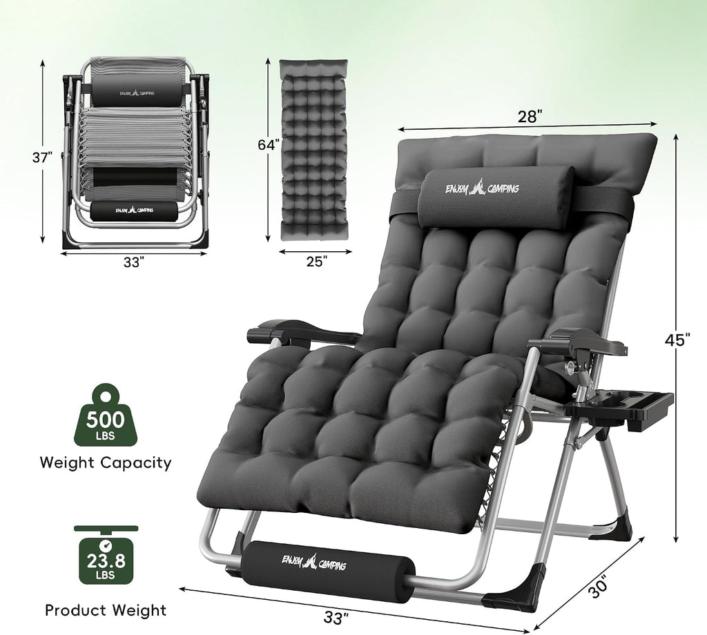 Oversized Zero Gravity Padded Chair XXL 33In Reclining Camping Lounge Chair | w/Removable Cushion & Headrest & Upgraded Lock & Footrest & Cup Holder Foldable Recliner for Indoor Outdoor,500LBS Capacity
